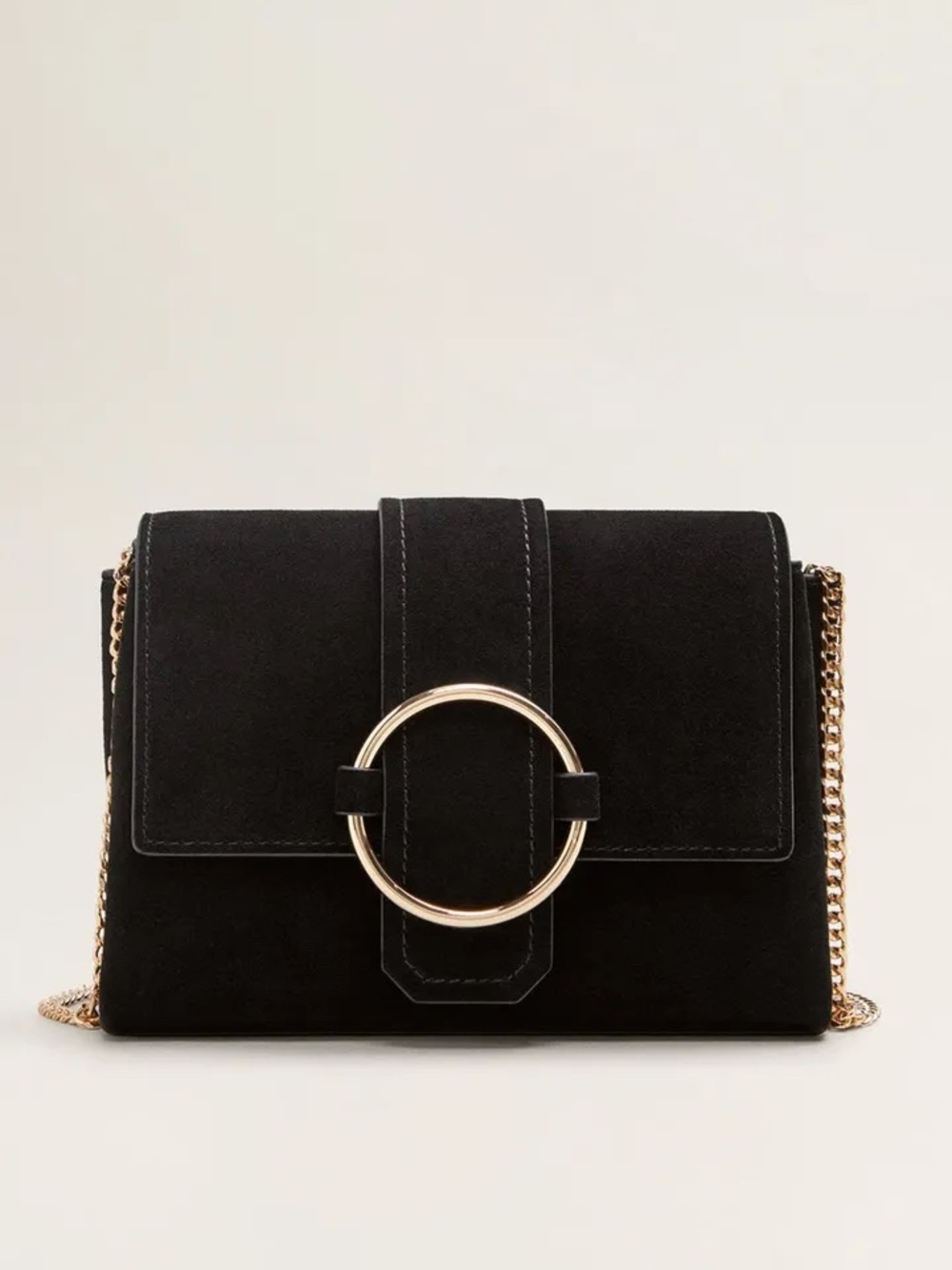 Mango Black Suede Crossbody Bag with Gold Ring Accent